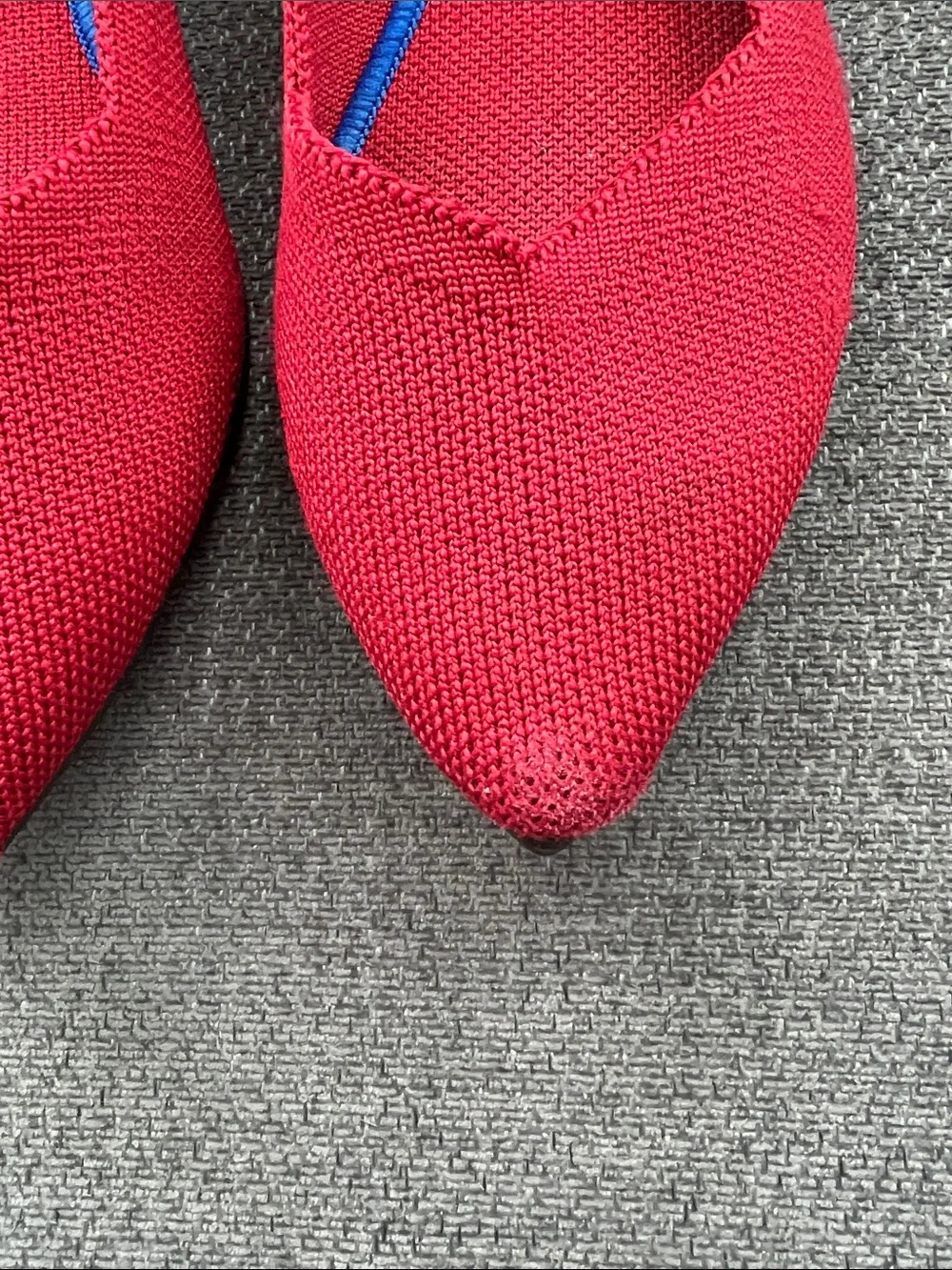 Rothy's Red Pointed Knit Flats with Blue Trim